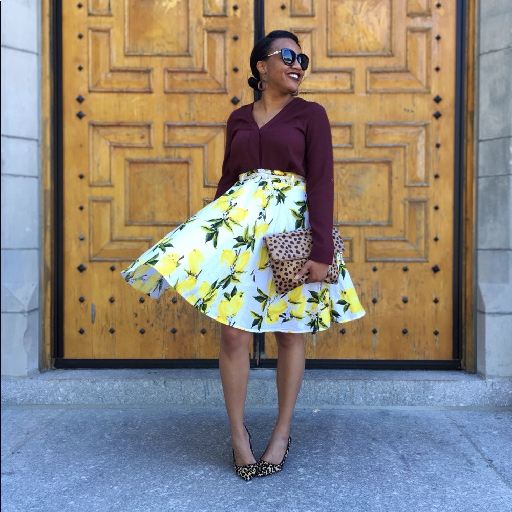 Lemon Print Elastic Waist Skirt